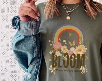 Bloom Where You Are Planted Shirt, Butterfly Tshirt, Retro Rainbow Tshirt, Mushroom Tshirt,Oversized Tshirt, Music Festival shirt, Boho Gift