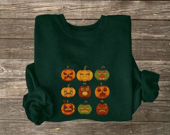 Pumpkin Jack-o-Lantern Crew Neck Sweatshirt, Fall and Halloween Pumpkin Cozy Chunky Sweater