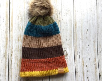 Knitted Slouch Beanie, Bobble Hat, Stripe Beanie