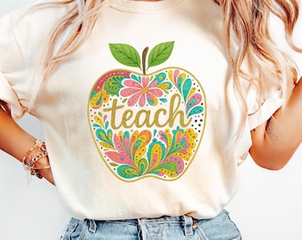 Camiseta con estampado floral de manzana, camisetas bonitas para profesores, camiseta retro para profesores, camiseta de regreso a clases para profesores, regalo de agradecimiento para profesores