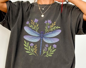 Comfort Womens Dragonfly Floral Shirt, Boho Dragonfly Shirt, Preppy Nature Lover Shirt, Garden Lover Gifts, Aesthetic Cottagecore Shirt