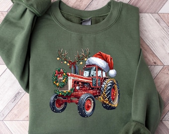 農場の新鮮なクリスマスツリーのトラクタースウェットシャツ、クリスマストラクターファミリーTシャツ、クリスマスTシャツ、ホリデーパーカー、赤いトラックトップ、クリスマスギフト