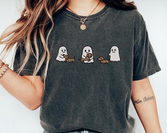Maglietta per Halloween con bassotto Ghost Trio, maglietta per amanti dei cani Weenie, regalo spettrale per proprietari di bassotti, maglietta con fantasmi infestati, felpa autunnale per cani