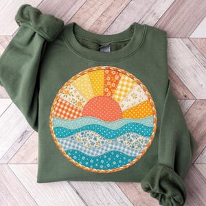Sudadera de verano, jersey playero de cuello redondo con estampado de retazos, suéter veraniego, sudadera con capucha playera, ropa playera costera, atuendo de vacaciones
