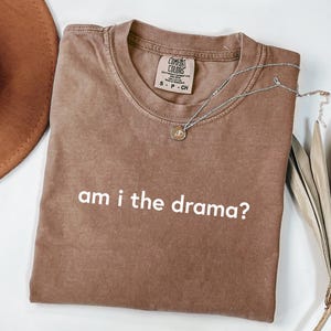 Puede incluir: Una camiseta marrón Comfort Colors con la frase "am i the drama?" en letras blancas. Un collar plateado con un pequeño colgante descansa sobre la camiseta. Un sombrero marrón y una planta seca están en el fondo.