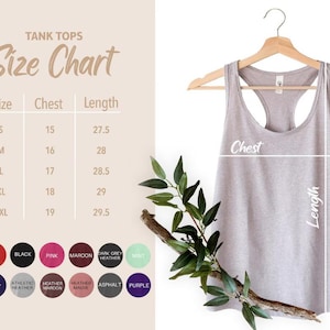 May include: A light grey tank top displayed on a wooden hanger, with a size chart showing chest and length measurements in inches. The chart includes sizes S to 2XL, with color swatches below.