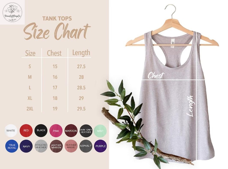 May include: A light grey tank top displayed on a wooden hanger, with a size chart showing chest and length measurements in inches. The chart includes sizes S to 2XL, with color swatches below.