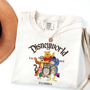 Pode incluir: Uma t-shirt de manga curta cor de creme com um gr&aacute;fico do Winnie the Pooh e amigos. O texto diz Disneyworld Est 1971 FLORIDA. A t-shirt tem uma etiqueta da marca Comfort Colors no pesco&ccedil;o e &eacute; tamanho S. O gr&aacute;fico inclui o Tigre, o Piglet, o Pooh, o Coruja, o Igor e o Coelho.