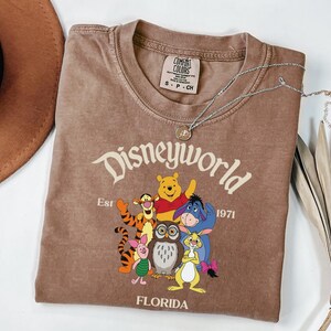 Pode incluir: Uma t-shirt castanha de manga curta com um gr&aacute;fico do Winnie the Pooh, Tigre, Piglet, Eeyore, Owl e Rabbit. O texto diz Disneyworld Est 1971 Florida. A t-shirt tem uma etiqueta da marca Comfort Colors na parte interna da gola.