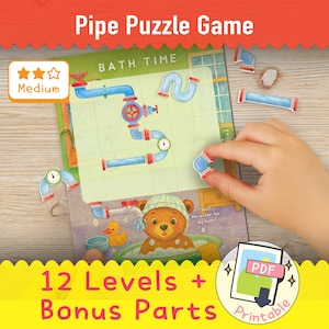 May include: A children's pipe puzzle game with the text "Pipe Puzzle Game" and "Bath Time". The game includes a board with a grid, pipe pieces, and a bear in a bathtub. The text "12 Levels + Bonus Parts Printable" is also visible.
