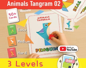 May include: Animals Tangram 02 educational game with 50+ cards. The game features a penguin puzzle, with 3 levels of difficulty: Easy, Medium, and Hard. The game is fun and educational, and is printable.