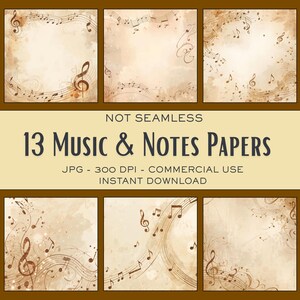 Könnte beinhalten: Eine Sammlung von 13 Musik- und Notenpapieren im Vintage-Stil. Die Papiere zeigen Noten und Notenlinien in Sepiatönen auf einem strukturierten Hintergrund. Der Text lautet "NOT SEAMLESS" und "13 MUSIC & NOTES PAPERS".