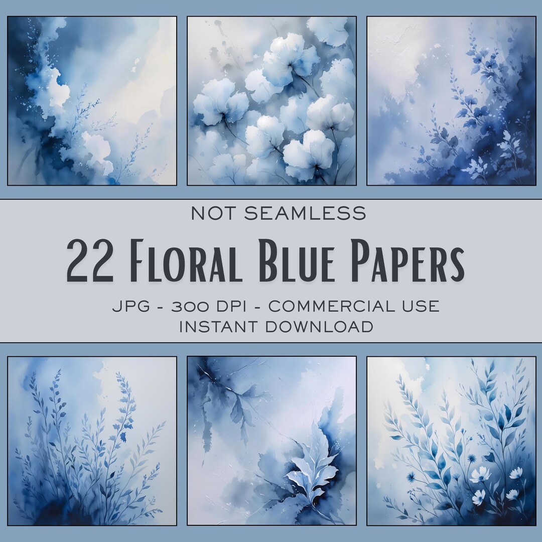 22 Blue Floral Digital Papers - Watercolor Botanical Backgrounds, Soft ...