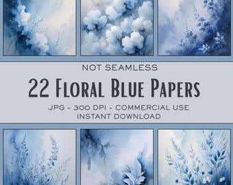 22 Blue Floral Digital Papers - Watercolor Botanical Backgrounds, Soft Blue Flowers, Scrapbook Paper, Commercial Use