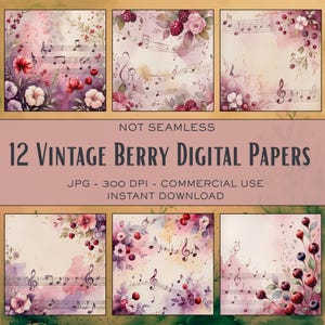 12 fogli di carta per musica acquerello Berry – Note Beige, Rosa e Boysenberry – Sfondi vintage con spartiti botanici – JPG – Uso commerciale