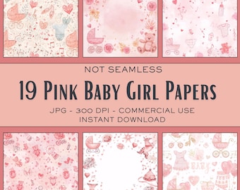 19 Baby Pink Watercolor Digital Papers - Cute Nursery Backgrounds, Pastel Baby Shower Scrapbook Paper