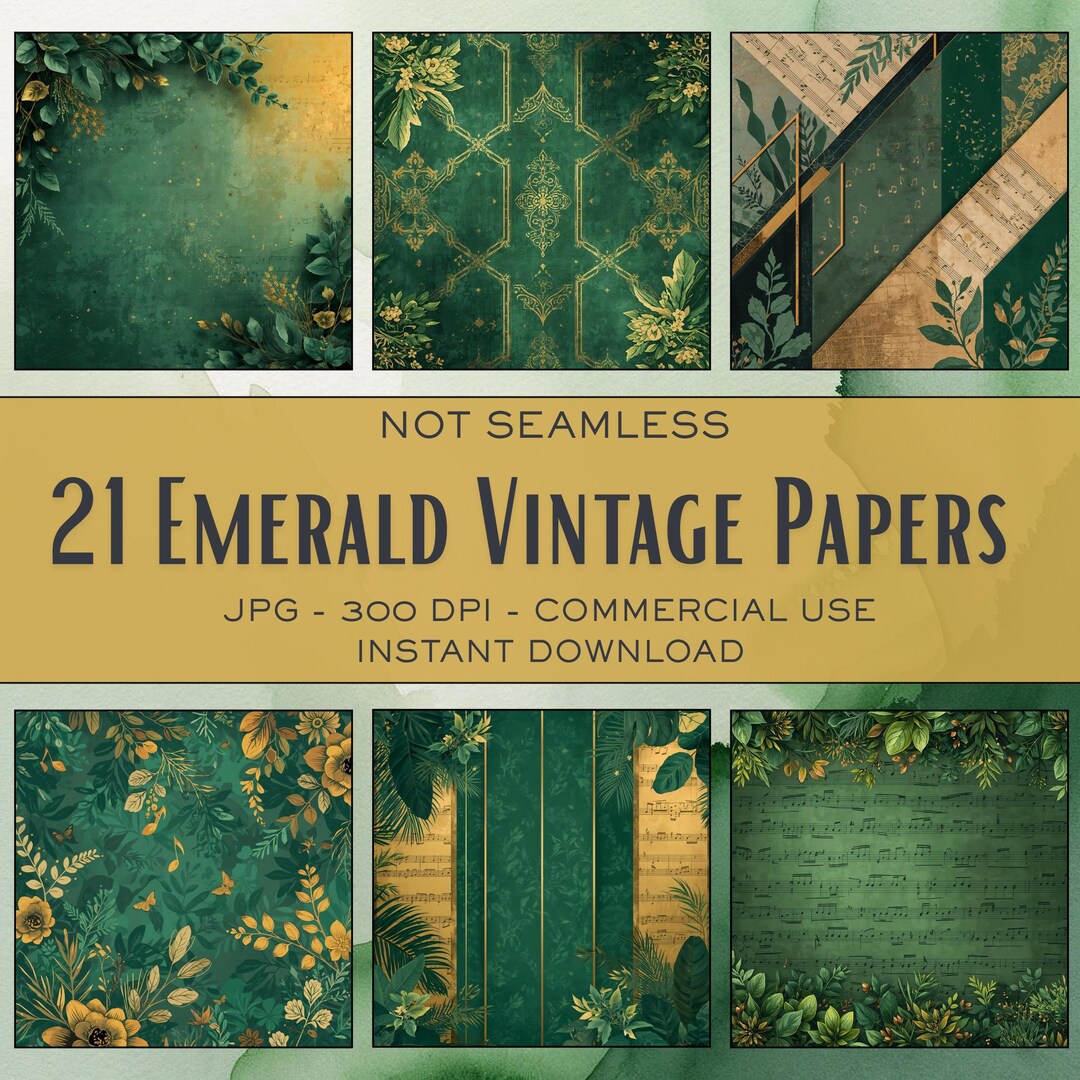 21 Emerald Vintage Digital Papers – Green Gold Watercolor Backgrounds ...