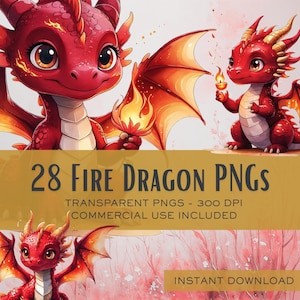 28 Feuerdrachen PNGs - Niedliche Aquarell Cliparts, Rote & Orange Baby Drachen, Fantasy Sofort Download | Kommerzielle Nutzung