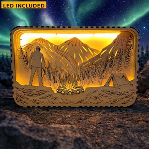 LED Camping Wooden Light Box | Mountain Campfire Night Lamp | Handmade Laser Cut Gift | Outdoor Lover Decor