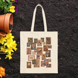 Floral Stamps Cotton Canvas Tote Bag - Botanical Flower Print, Eco-Friendly Reusable Shopping Bag, Garden Lover Gift, Nature Inspired