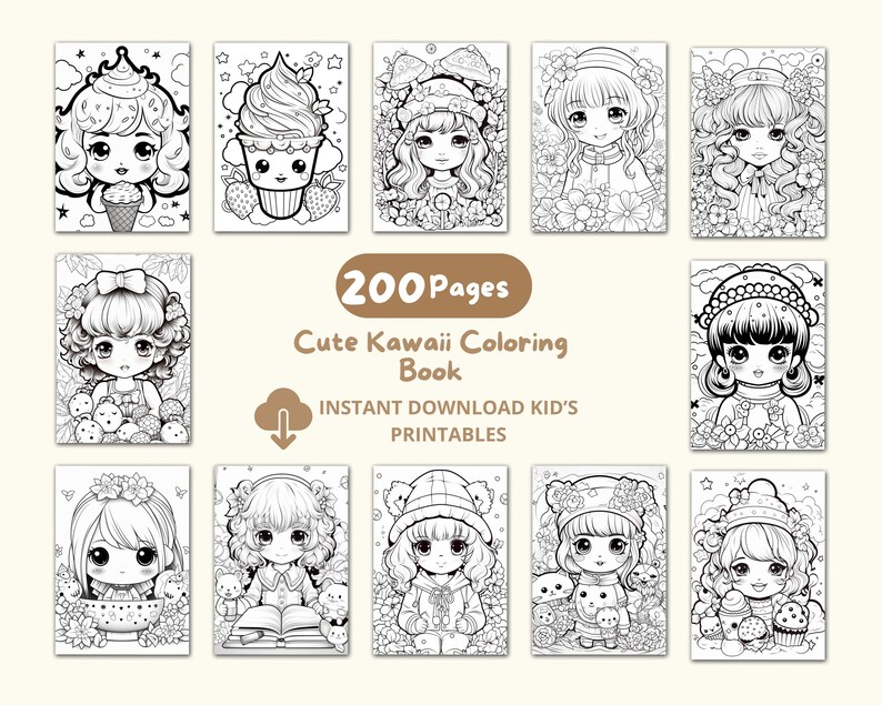 Cute Kawaii Coloring Book for Kids and Adults | Printable Digital Coloring Pages | Fun and Relaxing Kawaii Doodles for Stress Relief