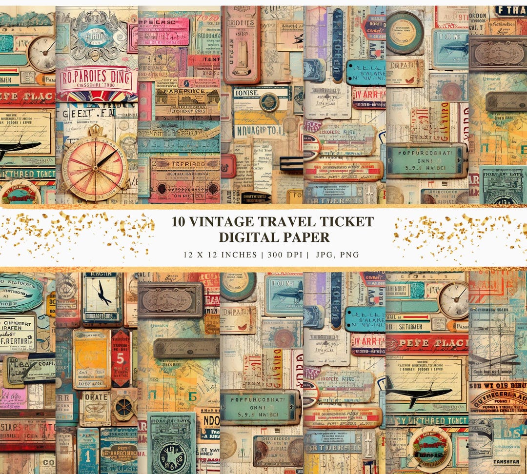 Vintage Travel Ticket Digital Paper Pack: Retro Ephemera (instant ...