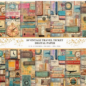 Vintage Travel Ticket Digital Paper Pack, Retro Boarding Pass Backgrounds, Grunge Ephemera Sheets, Printable JPG Bundle, Instant Download