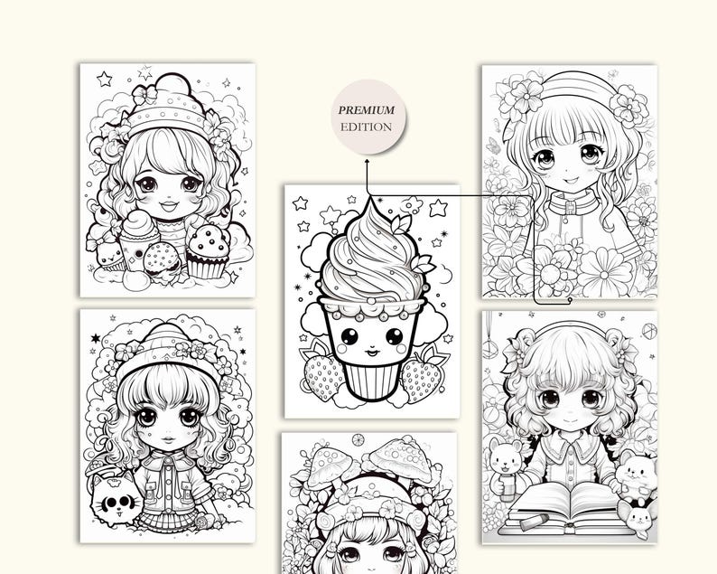 Cute Kawaii Coloring Book for Kids and Adults | Printable Digital Coloring Pages | Fun and Relaxing Kawaii Doodles for Stress Relief