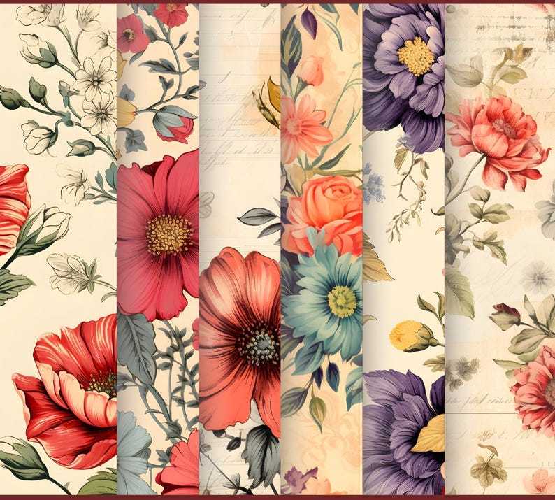 Vintage Floral Paper, Digital Scrapbook Paper Bundle (JPG, 12x12 Inches ...