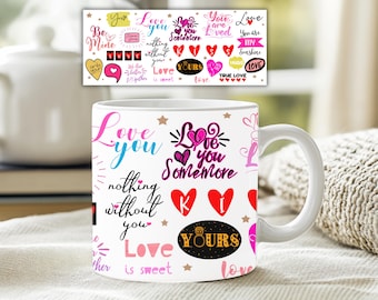 Valentinstag Tasse Sublimationsdesign: Romantische Kaffeetasse Wrap (PNG Download