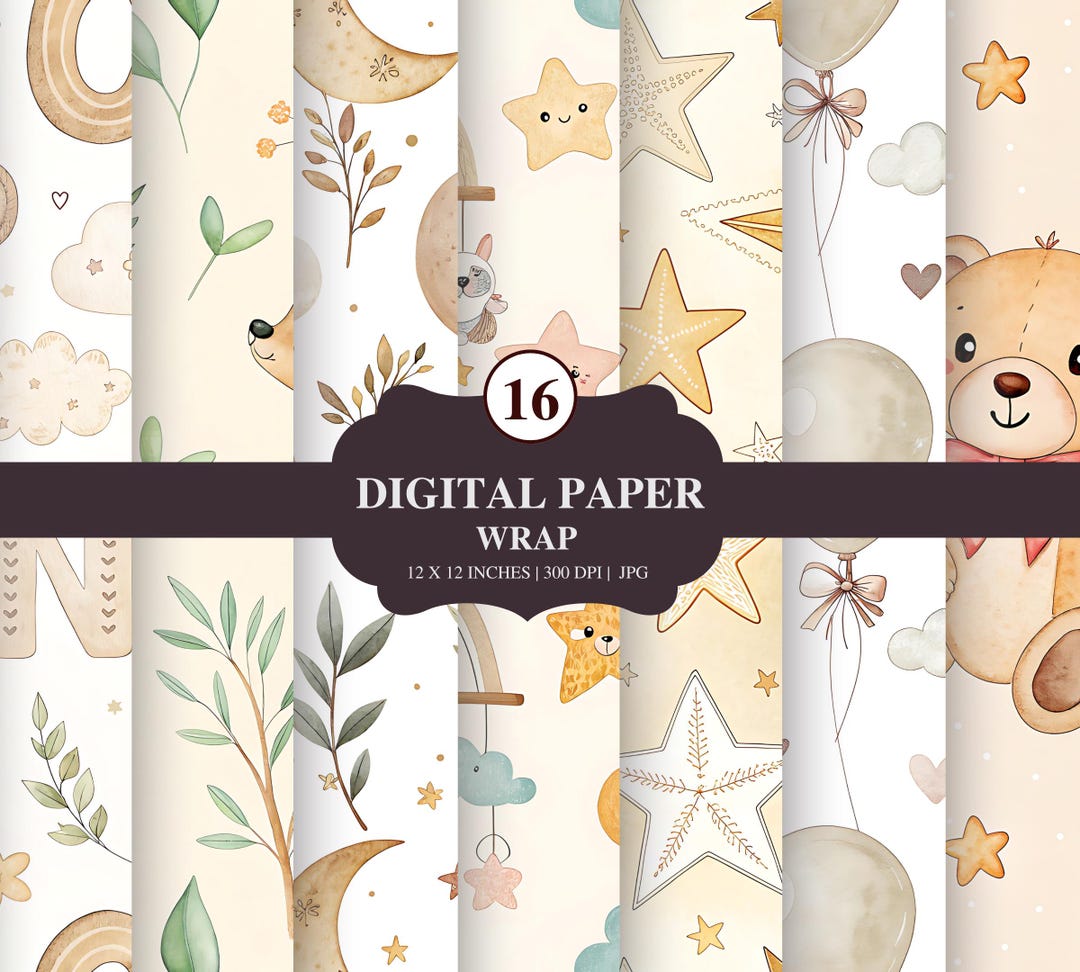 Set of 16 Beige Baby Nursery Digital Paper Wraps | Neutral Nursery ...