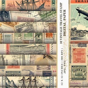 Puede incluir: Un collage de sellos de viaje vintage y efímeras en tonos beige, marrón y verde. El diseño incluye imágenes de veleros, aviones y monumentos. El texto dice "10 Vintage Travel Stamp Digital Paper" y "12 x 12 pulgadas".