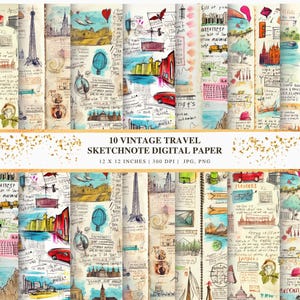 Vintage reizen Sketchnote digitaal papier, handgetekende kaartstijl achtergronden, retro plakboekpagina's, afdrukbaar JPG-pakket, Instant Download