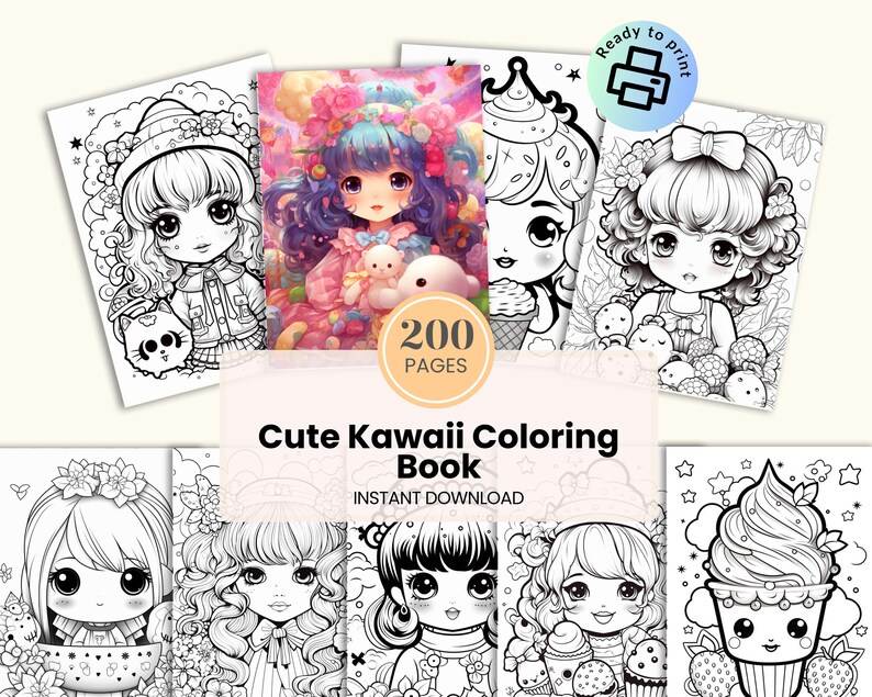 Cute Kawaii Coloring Book for Kids and Adults | Printable Digital Coloring Pages | Fun and Relaxing Kawaii Doodles for Stress Relief