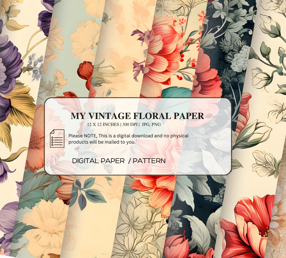 Vintage Floral Paper, Digital Scrapbook Paper Bundle (JPG, 12x12 Inches ...