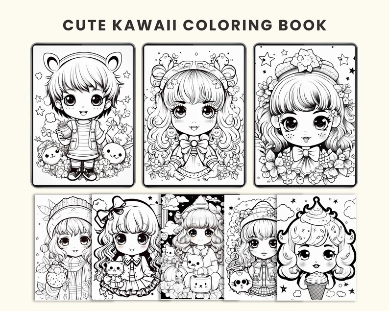 Cute Kawaii Coloring Book for Kids and Adults | Printable Digital Coloring Pages | Fun and Relaxing Kawaii Doodles for Stress Relief
