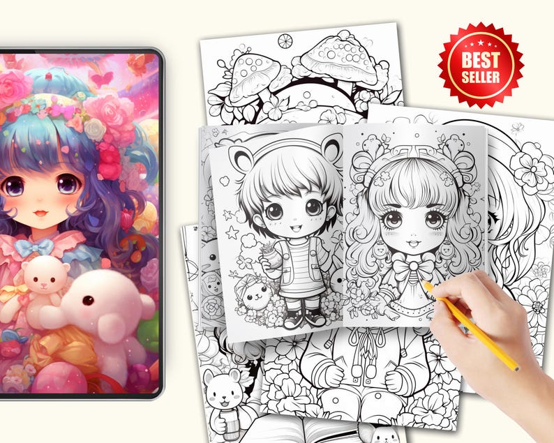 Cute Kawaii Coloring Book for Kids and Adults | Printable Digital Coloring Pages | Fun and Relaxing Kawaii Doodles for Stress Relief