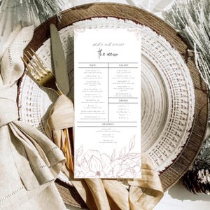 Modello di menu di nozze stampabile, design elegante per biglietti di ricevimento, modello Canva modificabile, download immediato, stile boho o moderno