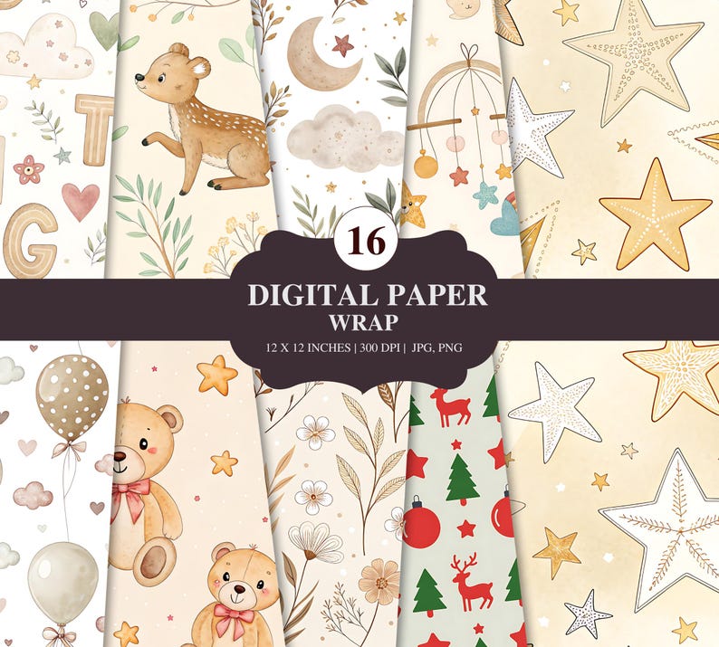 Set of 16 Beige Baby Nursery Digital Paper Wraps | Neutral Nursery ...