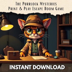 Puede incluir: Ilustración de un gato detective con sombrero y gafas, sentado en un escritorio con una lupa y un documento. El texto dice "The Purrlock Mysteries Print & Play Escape Room Game" y "Instant Download."