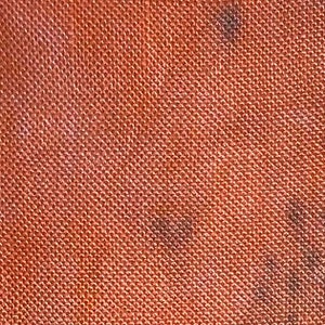 May include: Close-up of a textured orange fabric with dark brown stains.