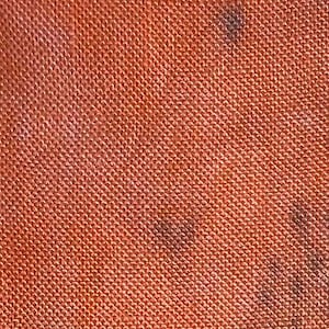 May include: Close-up of a textured orange fabric with dark brown stains.