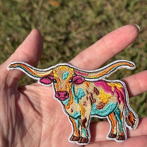 Colorful Longhorn Cow Patch | Western Cowgirl Hat Patch | Embroidered Texas Longhorn Applique
