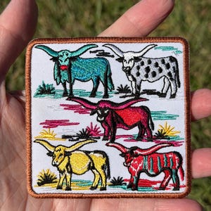Colorful Longhorn Cow Embroidered Patch | Western Cowgirl Hat Patch | Funky Cattle Ranch Farm Patch | Country Trucker Hat Accessory