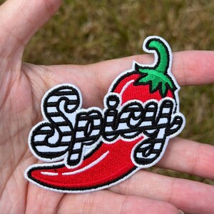 Spicy Chili Pepper Iron On Patch | Retro Pepper Hat Patch | Western Trucker Hat Patch | Black White Stripe Patch | Fun Foodie Patch
