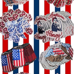 May include: A collection of embroidered patches with patriotic themes. Designs include the American flag, hearts, flowers, and the words "American Honey." The patches feature red, white, and blue colors.