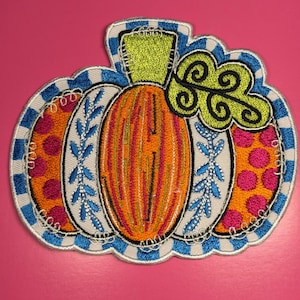 Funky Pumpkin Embroidered Patch | Colorful Fall Pumpkin Hat Patch | Pink Polka Dot Blue Checkered Pumpkin | Trucker Iron On Hat Patch