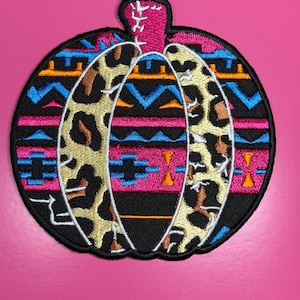 Leopard Aztec Pumpkin Hat Patch | Hot Pink Blue Fall Embroidered Patch | Funky Western Pumpkin | Trucker Hat Patch | Fall Hat Accessory
