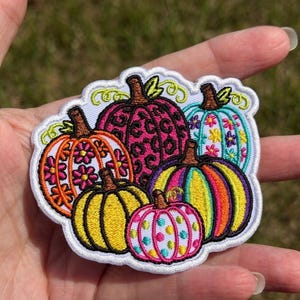 May include: An embroidered patch featuring a cluster of five pumpkins with diverse patterns. One is orange with pink flowers, one is bright pink with black leopard spots, one is teal with floral accents, one is solid yellow, and one is striped.