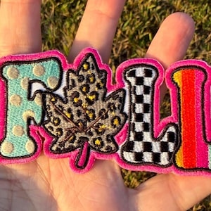 May include: An embroidered patch spelling the word FALL, where the F is light blue with tan polka dots, the A is a leopard print maple leaf, the L is black and white checkered, and the second L features vertical rainbow stripes, all with a hot pink border.